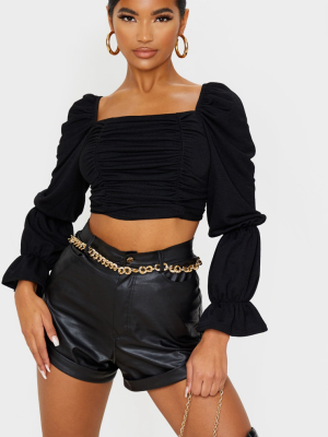 Black Crepe Ruched Detail Long Sleeve Crop Top