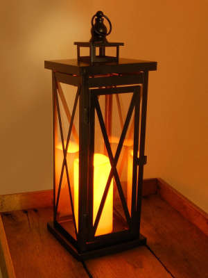 Criss Cross Metal Led Lantern With Battery Operated Candle Brown - Lumabase