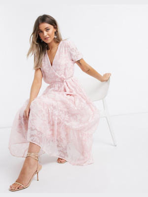 Vila Organza Maxi Dress With Puff Sleeves In Pink Floral