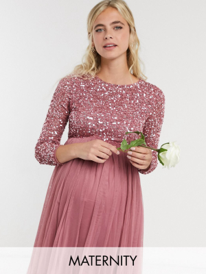 Maya Maternity Delicate Sequin Long Sleeve Maxi Dress With Tulle Skirt In Rose