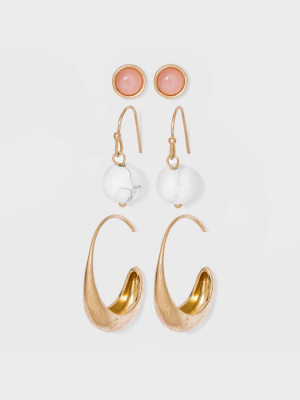 Semi-precious White Howlite And Rose Quartz With Worn Gold Earring Set 3pc - Universal Thread™ Gold