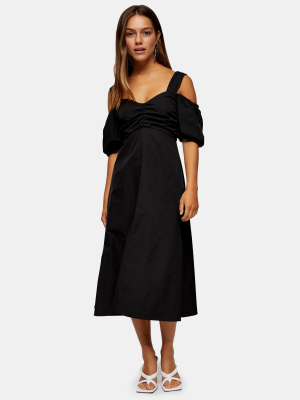 Petite Black Taffeta Bardot Midi Dress