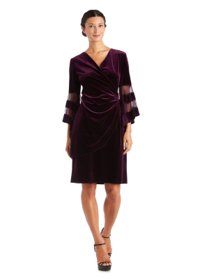 Sheer Trim Angel Sleeve Velvet Wrap Dress