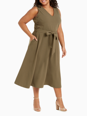 Plus Size V-neck Button Side Belted A-line Dress