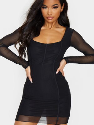 Sheer Mesh Square Neck Binding Detail Bodycon...