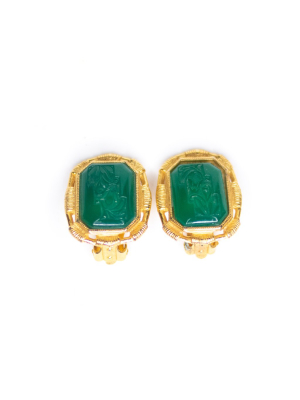 Vintage Etruscan Revival Jade Green Itaglio Style Statement Earrings
