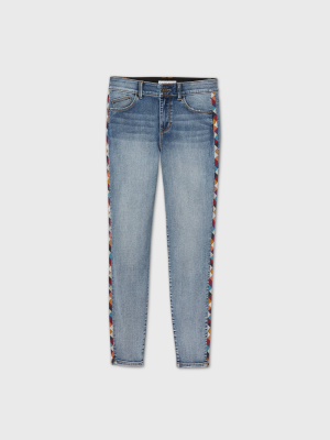 Women's Embroidered Mid-rise Skinny Denim Pants - Knox Rose™ Blue