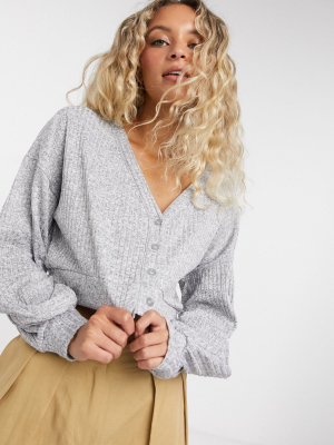 Bershka Ribbed Jersey Cardigan Two-piece In Gray Marl