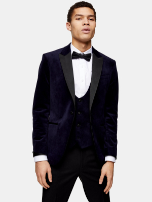 Navy Velvet Single Breasted Skinny Fit Suit Blazer With Peak Lapels