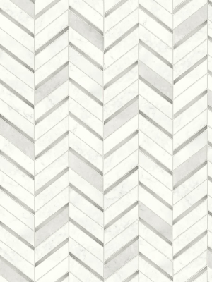 Chevron Marble Tile Peel-and-stick Wallpaper In Silver And Pearl Grey By Nextwall