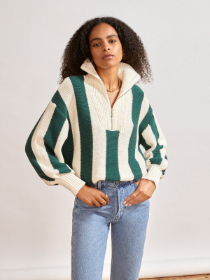Lorna Green Stripe Zip Collar Cotton Sweater