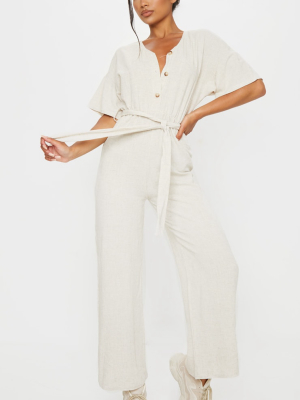 Stone Woven Button Detail Tie Waist Jumpsuit