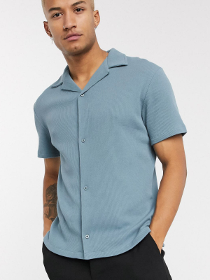 Asos Design Relaxed Revere Collar Waffle Shirt In Blue