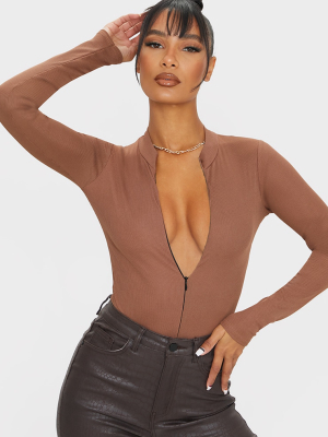 Brown Rib Zip Up Long Sleeve Bodysuit