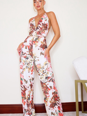 Multi Floral Print Halterneck Wide Leg Jumpsuit