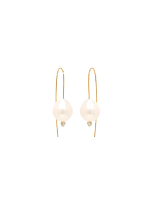 14k Gold Wire Earrings With Baroque Pearls And Prong Set Diamonds