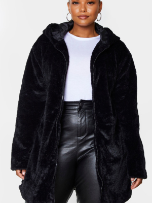 Plus Black Hooded Faux Fur Midi Coat