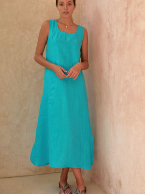 Becky Premium Linen Midi Dress | Turquoise