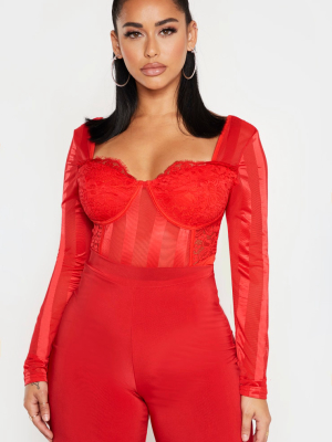 Shape Red Lace Mesh Long Sleeve Stripe Bodysuit