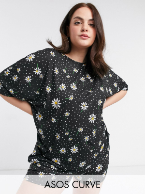 Asos Design Curve Daisy Print Tee & Short Pajama Set In Black