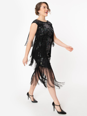 Unique Vintage Black Floral Sequin Bayonne Fringe Flapper Dress