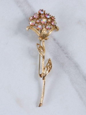 Vintage Gold Long Stem Flower Brooch With Pink Aurora Borealis Rhinestones