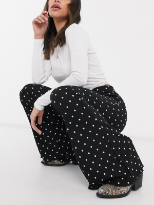 Bershka Rib Flared Pants In Black Polka Dot