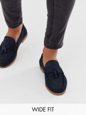 Asos Design Wide Fit Tassel Loafers In Navy Suede With Natural Sole