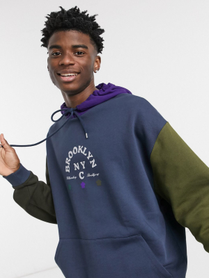 Asos Design Oversized Hoodie In Retro Colorblock With City Front Print