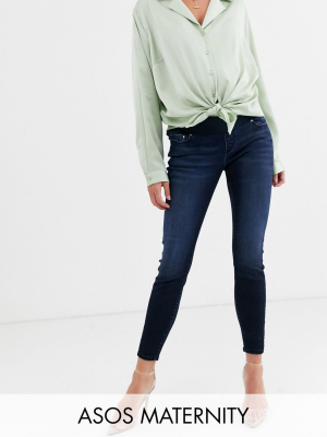 Asos Design Maternity High Rise Ridley 'skinny' Jeans In Blackened Blue Wash With Under The Bump Waistband