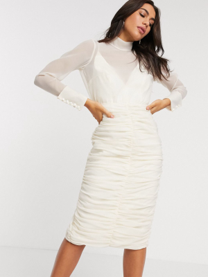 Asos Design Organza Ruched Pencil Midi Dress In Ivory