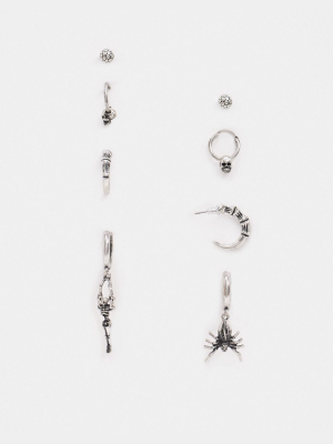Asos Design Hoop Earring Pack With Creepy Skeleton And Spider Charms In Burnished Silver Tone