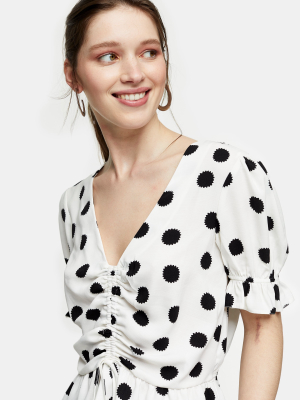 Black And White Spot Ruched Top