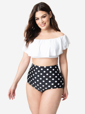 Unique Vintage Plus Size Black & White Dotted High Waist Louise Swim Bottoms