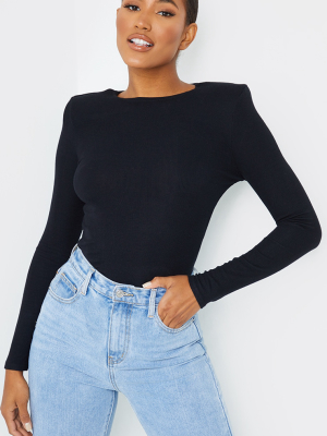 Black Rib Shoulder Pad Long Sleeve Top