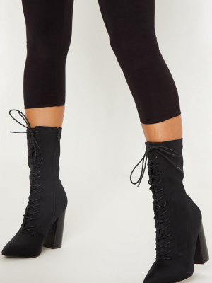 Black Block Heel Lace Up Lycra Sock Boot