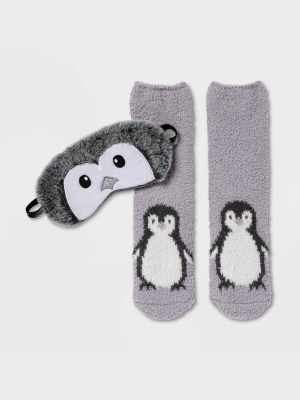 Women's Penguin Eyemask & Cozy Socks Set - Gray 4-10