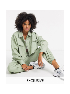 Collusion Cropped Utility Shirt & Oversized Sweatpants Two-piece In Khaki