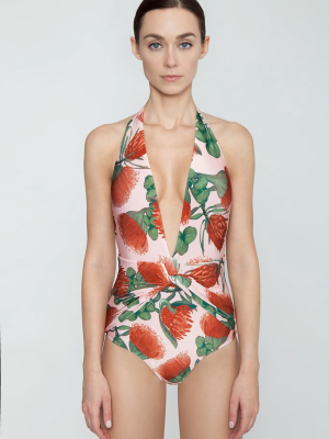 Twisted Halter Neck One Piece Swimsuit - Fiore Rose Print