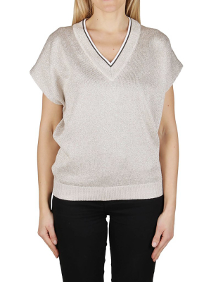 Brunello Cucinelli Short Sleeve V-neck Knit Top