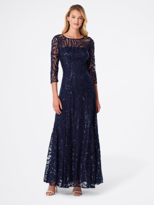 3/4 Sleeve Sequin A-line Gown
