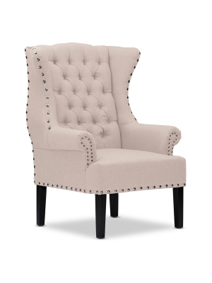 Knuckey French Country Linen Nail Head Wing Back Armchair - Buff Beige - Baxton Studio
