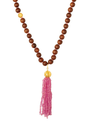 Mala Bead Necklace - Wood & Pink Quartz