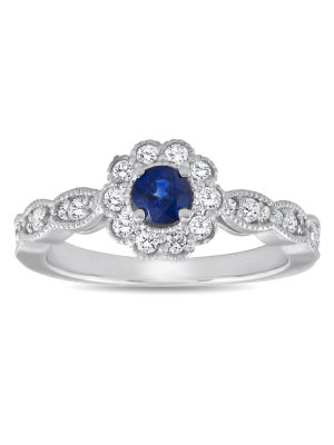 Pompeii3 5/8 Ct Blue Sapphire Halo Vintage Diamond Engagement Ring 14k White Gold