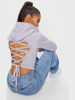 Lilac Grey Lace Up Back Crop Hoodie