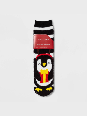 Women's Striped Penguin Cozy Crew Socks With Gift Card Holder - Wondershop™ Black/white 4-10