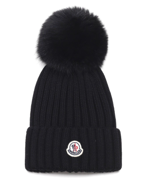 Moncler Logo Patch Pompom Beanie