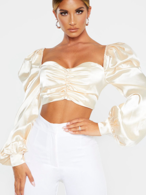 Nude Satin Button Front Square Neck Crop Top