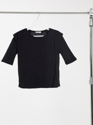 Stradivarius 3/4 Sleeve Shoulder Pad Tee In Black