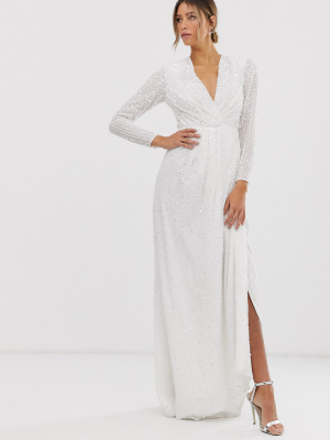 Asos Edition Alexa Pleated Plunge Wrap Wedding Dress In Sequin